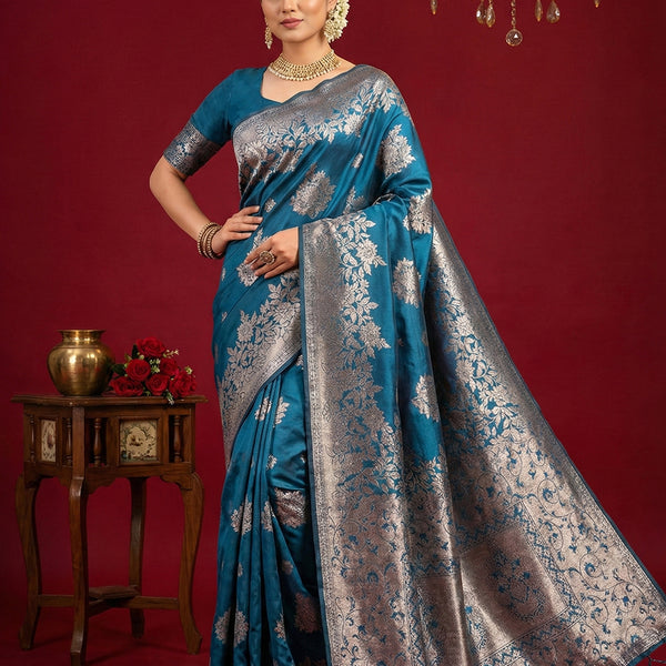 Anaita Teal Silk Blend Woven Saree With Blouse - Distacart