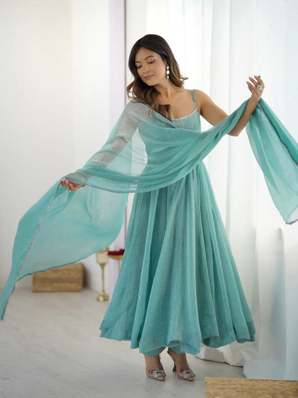 Lorenvalley Teal Crunchy Silk Fabric with Siroski Work Anarkali Pant With Dupatta Set