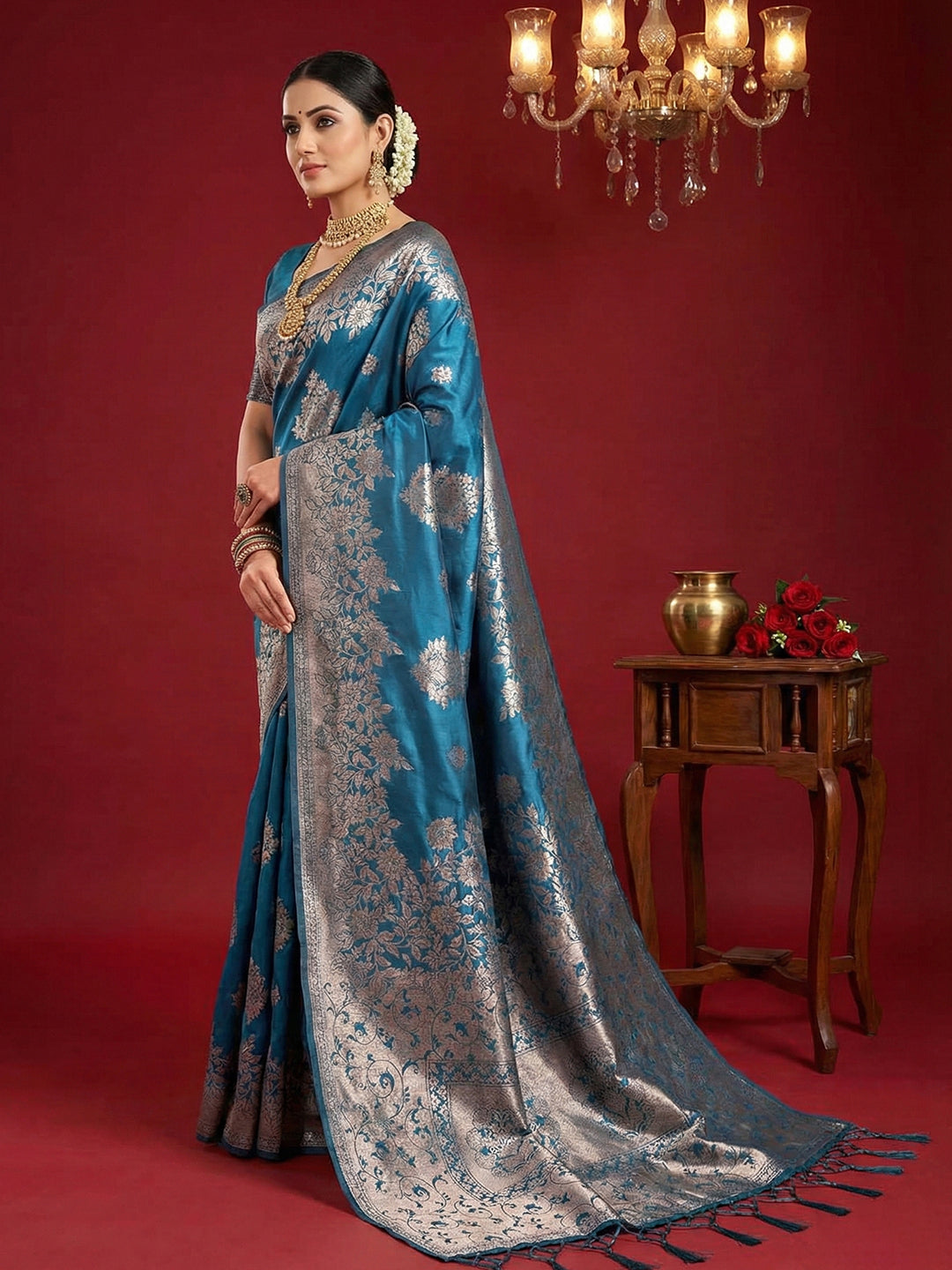 Anaita Teal Silk Blend Woven Saree With Blouse - Distacart