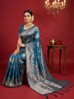 Thumbnail for Anaita Teal Silk Blend Woven Saree With Blouse - Distacart