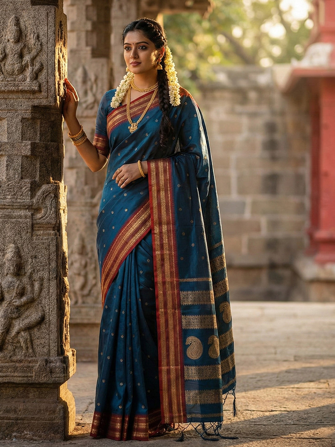 Anaita Teal Silk Woven Saree With Blouse - Distacart