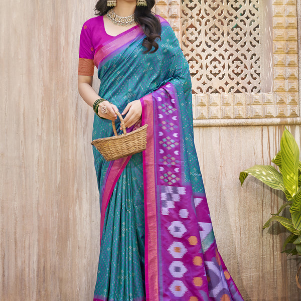 Anaita Teal Pochampally Silk Saree With Floral Printed Work With Blouse - Distacart