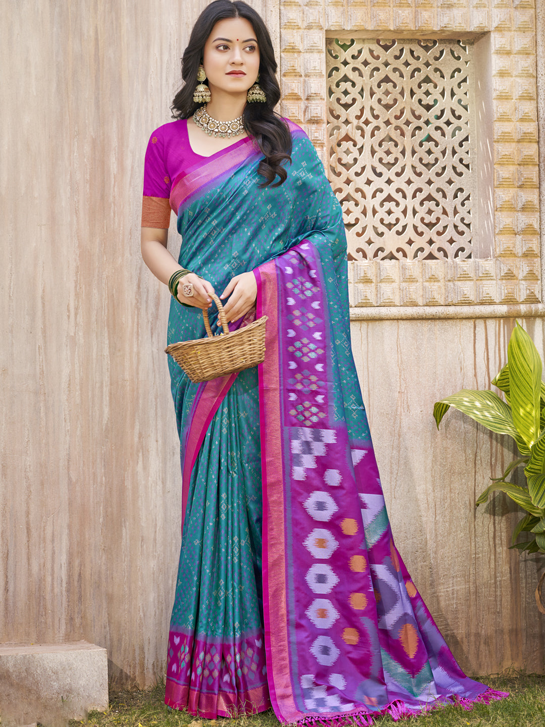 Anaita Teal Pochampally Silk Saree With Floral Printed Work With Blouse - Distacart