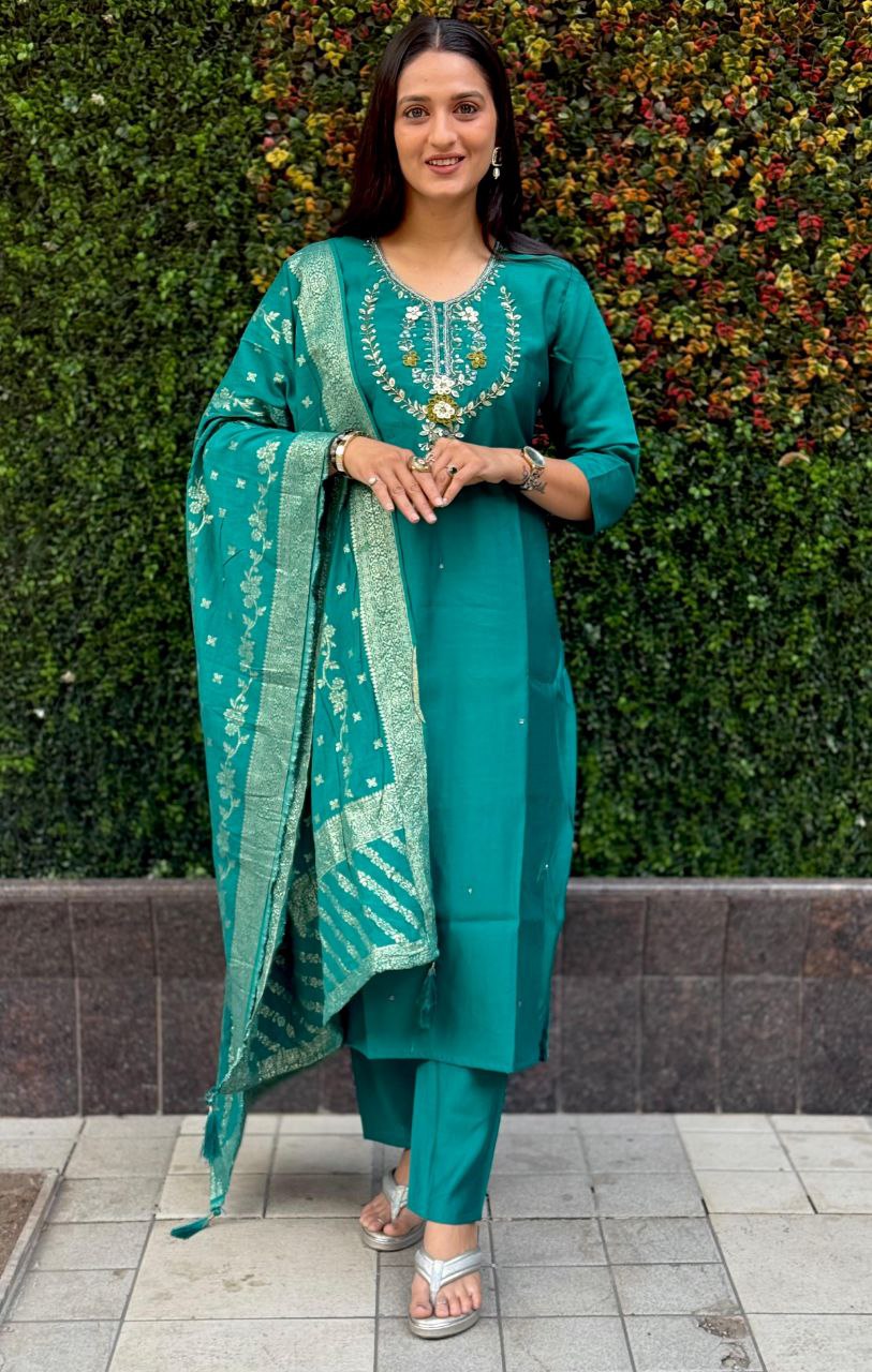 Lorenvalley Fashion Teal Roman Silk Hand Work Kurta Pant with Dupatta