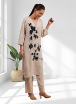 Thumbnail for Joban Fashion Beige Linen Embroidered Readymade Long Kurta With Pant - Distacart