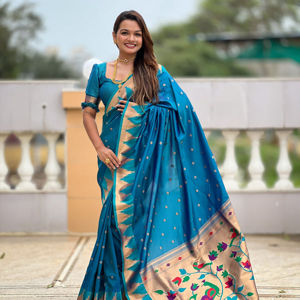 Vedant Vastram Soft Litchi Silk Banarasi Silk Jacquard Saree - Firozi - Dista
