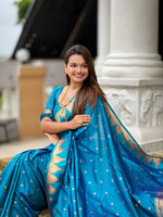 Thumbnail for Vedant Vastram Soft Litchi Silk Banarasi Silk Jacquard Saree - Firozi - Dista