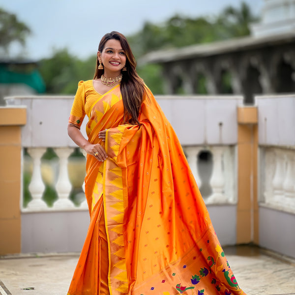 Vedant Vastram Soft Litchi Silk Banarasi Silk Jacquard Saree - Orange - Dista