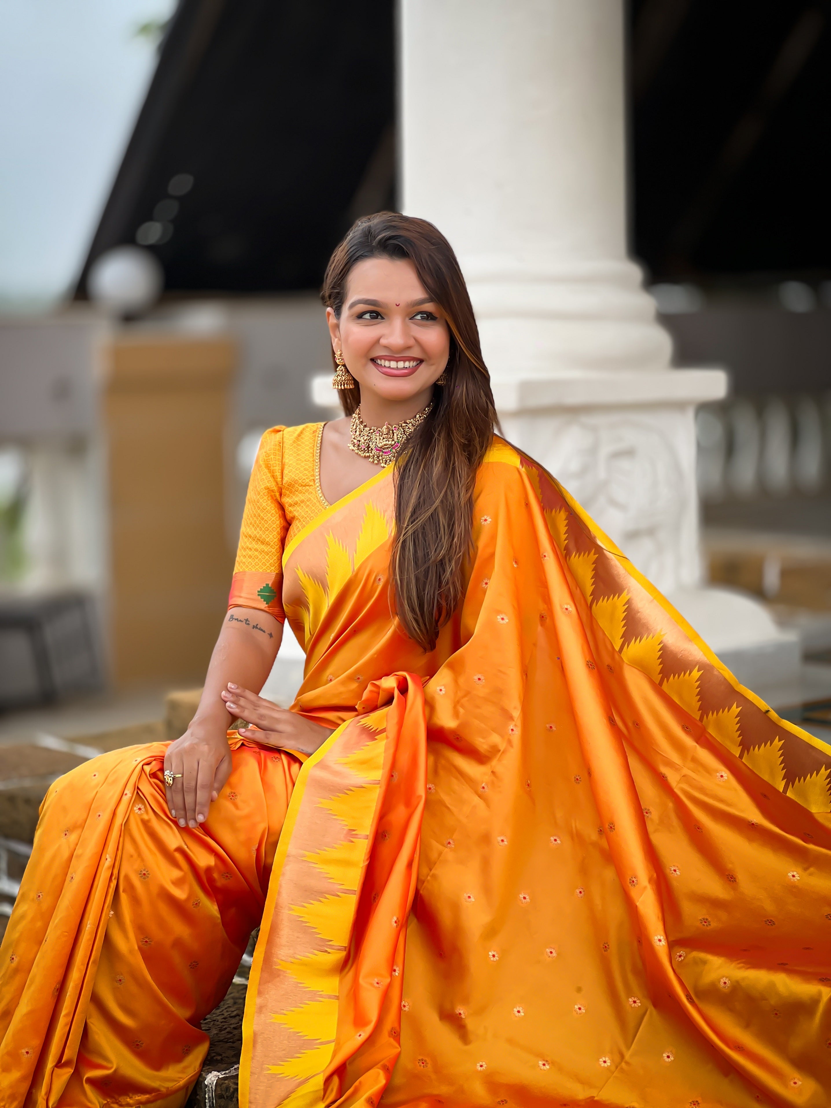 Vedant Vastram Soft Litchi Silk Banarasi Silk Jacquard Saree - Orange - Dista