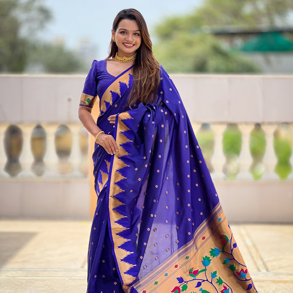 Vedant Vastram Soft Litchi Silk Banarasi Silk Jacquard Saree - Blue - Dista