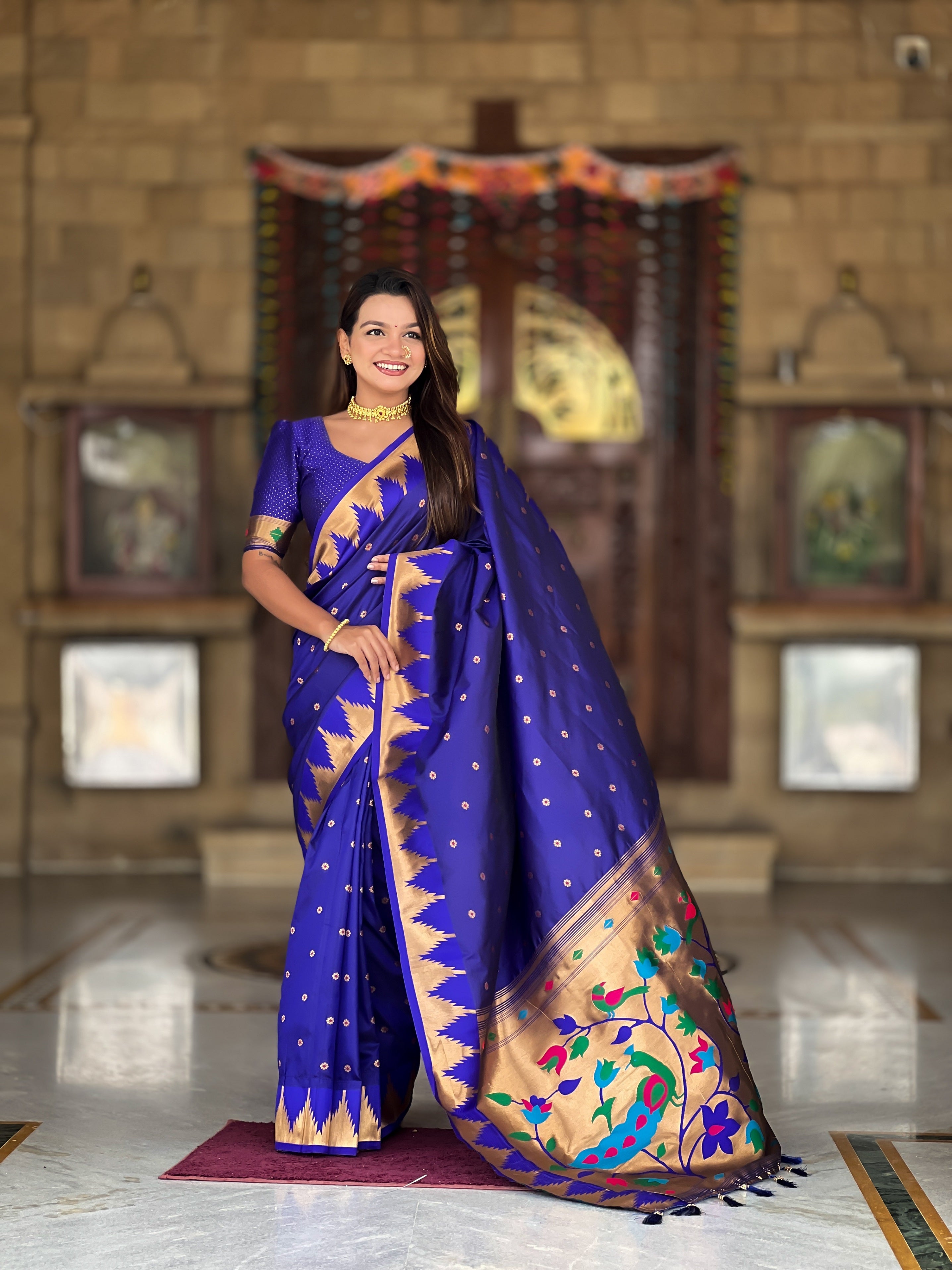 Vedant Vastram Soft Litchi Silk Banarasi Silk Jacquard Saree - Blue - Dista