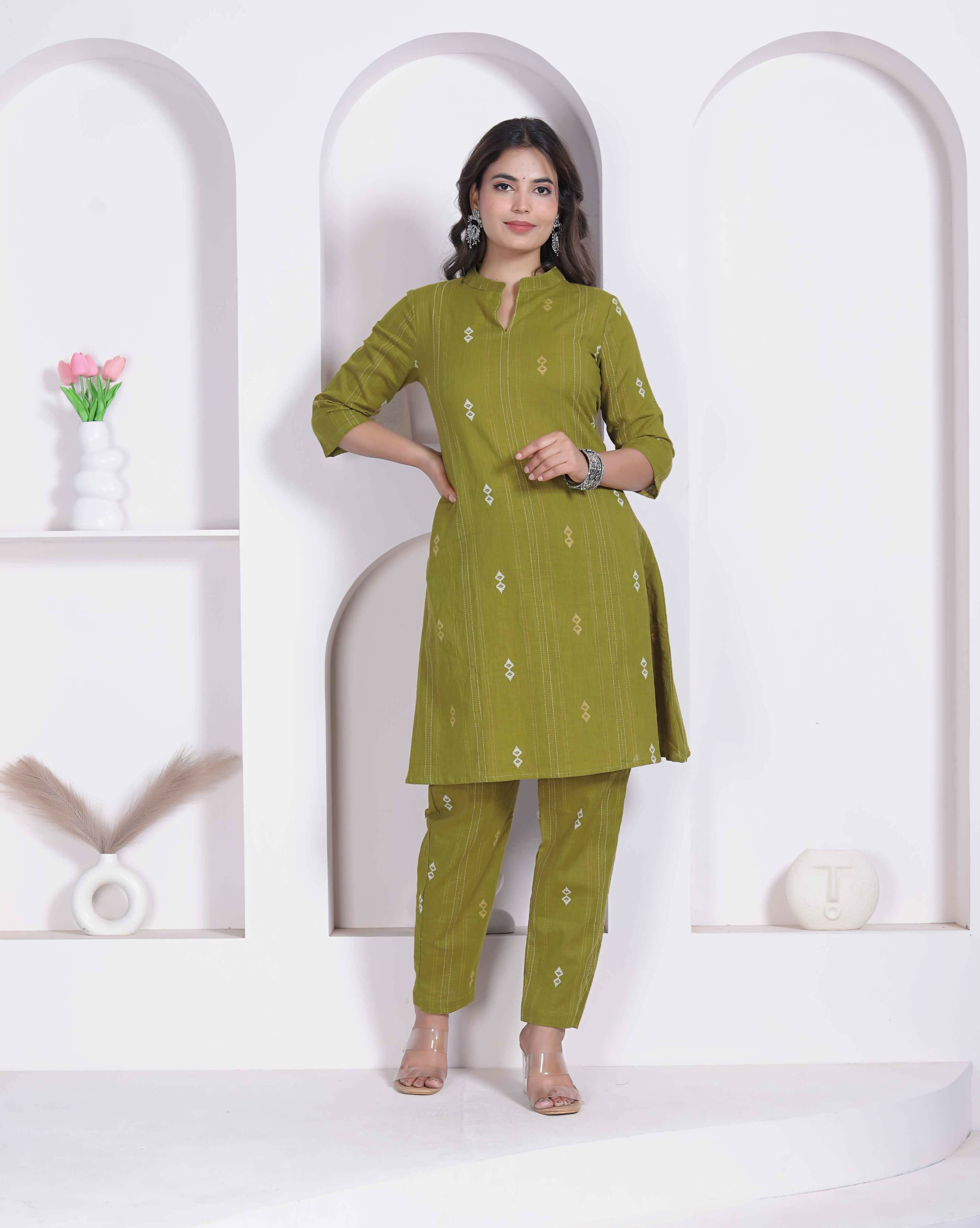 Miravan Womens Green Printed Cotton Straight Kurta With Palazzo - Dista