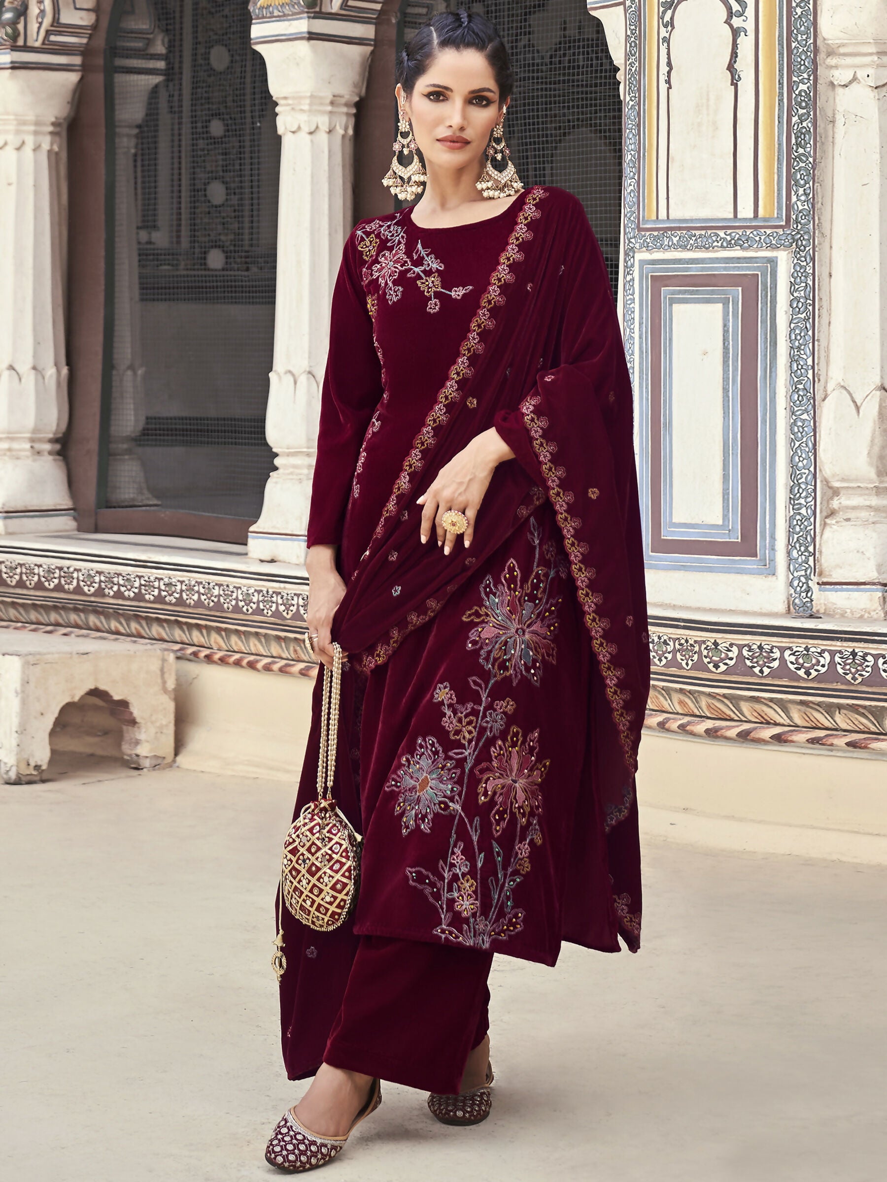 Jyoti Fashion Women's Maroon Velvet Resham Thread with Jari & Sequin Kurta with Trouser & Dupatta - Distacart