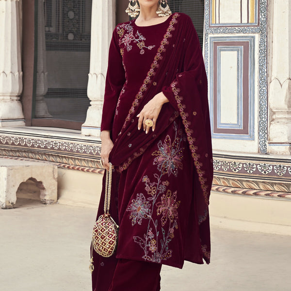 Jyoti Fashion Women's Maroon Velvet Resham Thread with Jari & Sequin Kurta with Trouser & Dupatta - Distacart