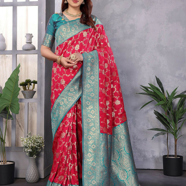 Joban Fashion Banarasi Red Woven Soft Silk Saree - Distacart