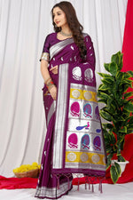 Thumbnail for Jyoti Fashion Women's Wine Paithani Silk Zari Woven Saree with Blouse - Distacart