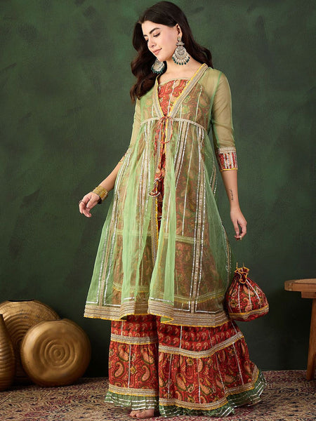 Sangria Printed Straight Kurta Sharara With Jacket Set