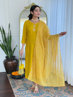Thumbnail for The52 Yellow Women's Beautiful Embroidered Rayon Fabric with Straight Kurta, Pant and Dupatta Set - Distacart