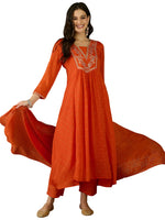 Thumbnail for The52 Orange Women's Gorgeous Embroidered Chinon Fabric Flared Kurta Pant and Dupatta Set - Distacart