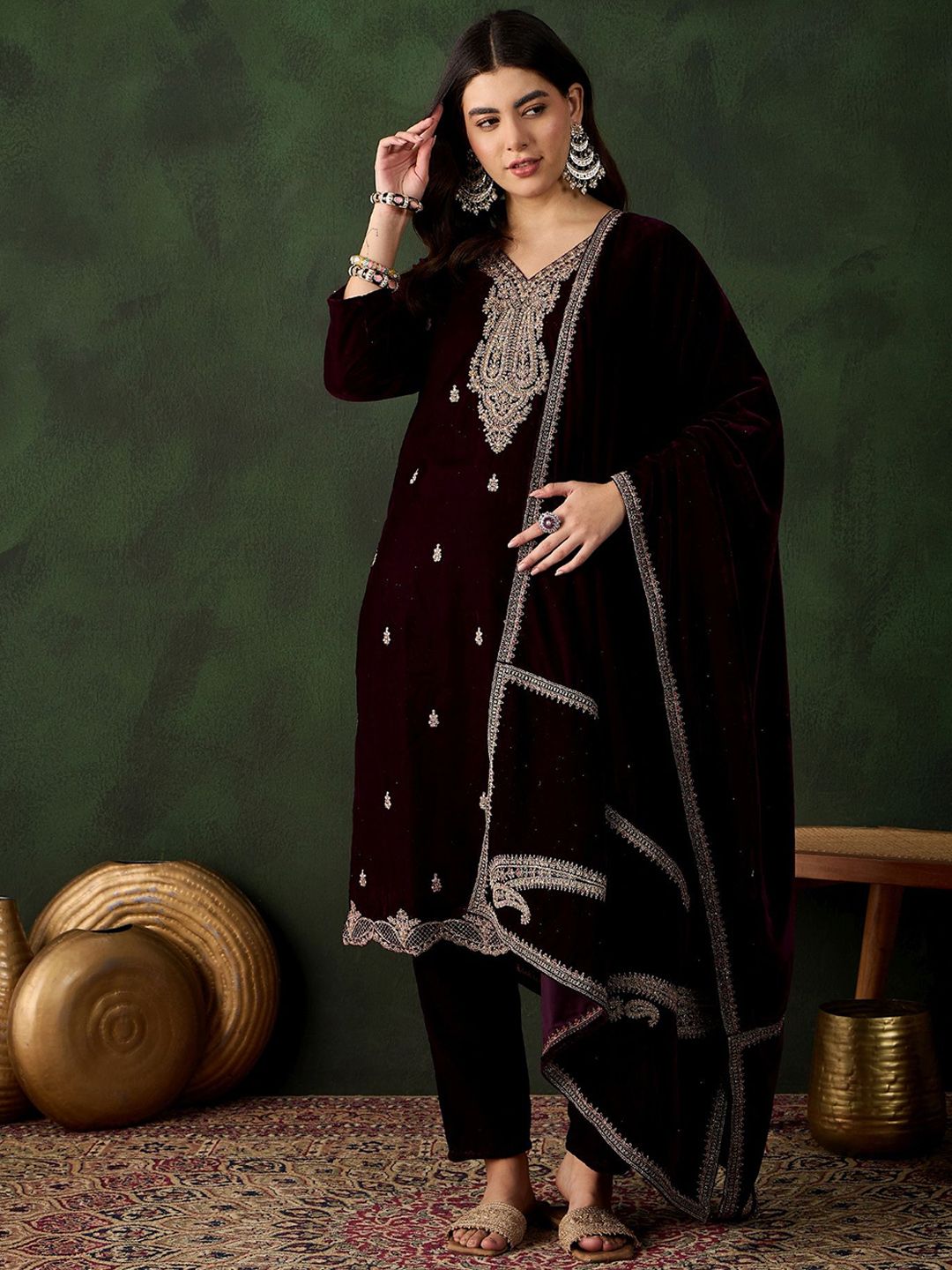 Sangria Floral Embroidered Straight Kurta & Trousers With Dupatta - Distacart