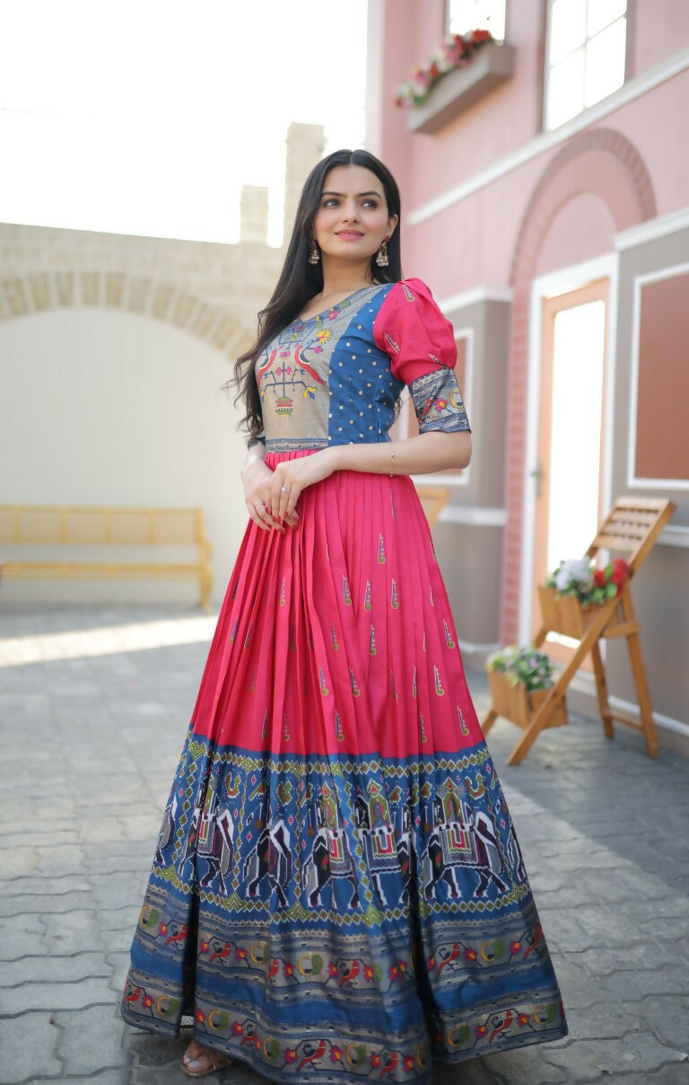 Jyoti Fashion Women's Rani Pink Patola with Foil Print Dola Silk Anarkali Dress - Distacart