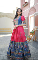 Thumbnail for Jyoti Fashion Women's Rani Pink Patola with Foil Print Dola Silk Anarkali Dress - Distacart