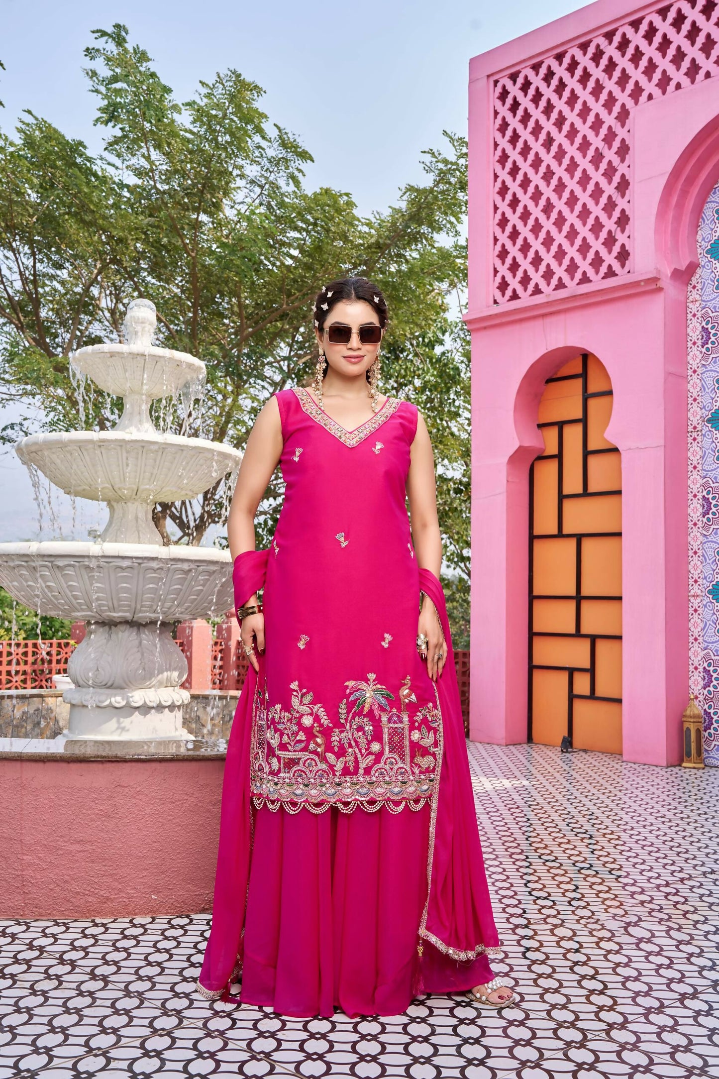 Teeya Creation Womens New Stylish Moti Beads With Cording Sequence Thread Embroidery Work Pink Kurta Set - Dista