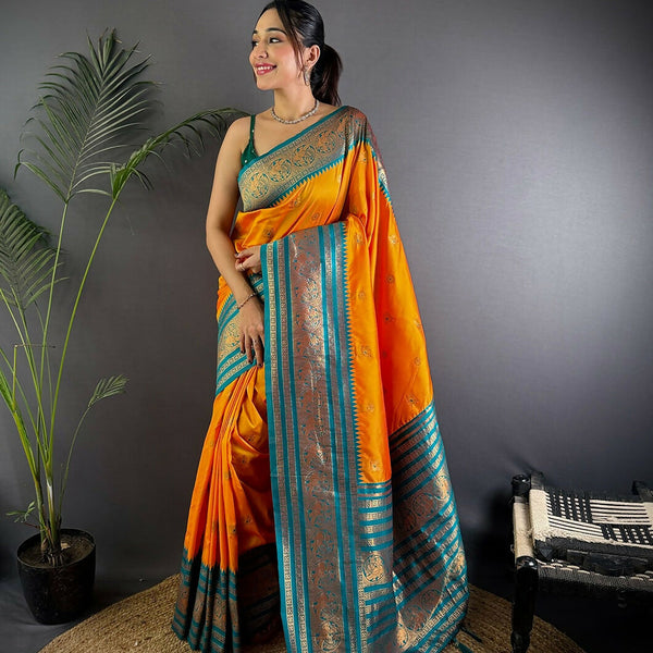 Joban Fashion Banarasi Orange Woven Soft Silk Saree - Distacart