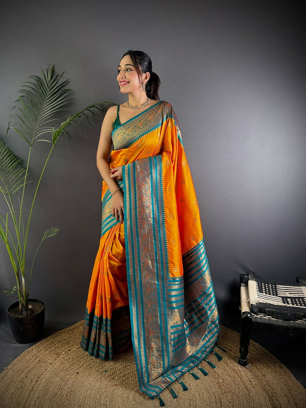 Joban Fashion Banarasi Orange Woven Soft Silk Saree - Distacart