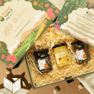 Bharat Vedica Gift Hamper (125g Ajwain Honey, 125g Gulkand Honey, 125ml A2 Cow Ghee) - Distacart
