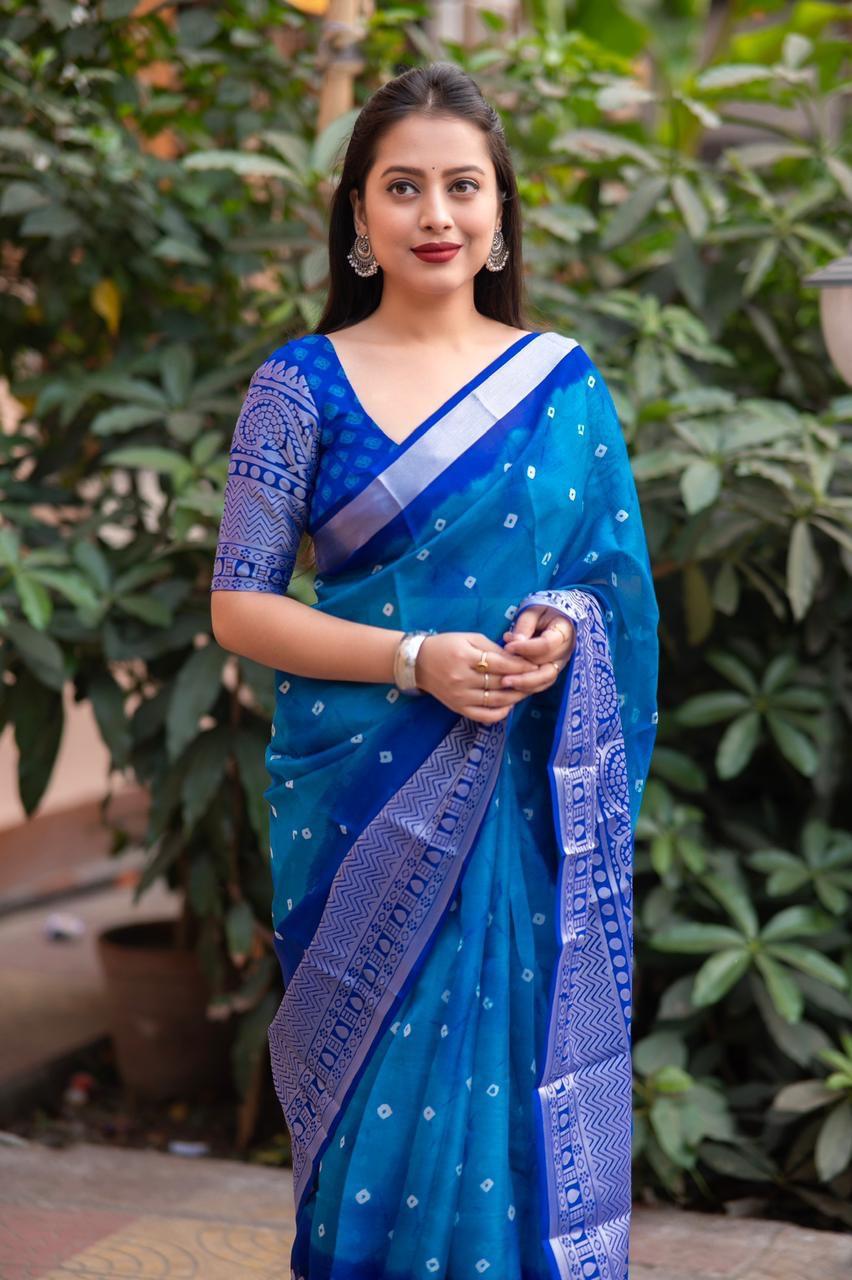 Blue Jute Silk Ethnic Motifs Saree with Unstitched Blouse - Hiral Fashion - Distacart