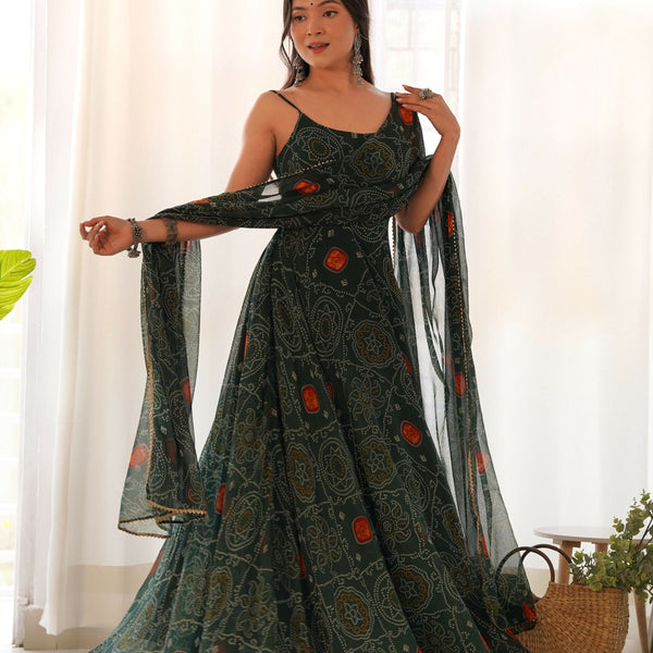 Joban Fashion Bottle Green Kurta Set Chiffon Sequin Embroidery Work - Distacart