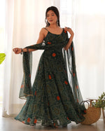 Thumbnail for Joban Fashion Bottle Green Kurta Set Chiffon Sequin Embroidery Work - Distacart