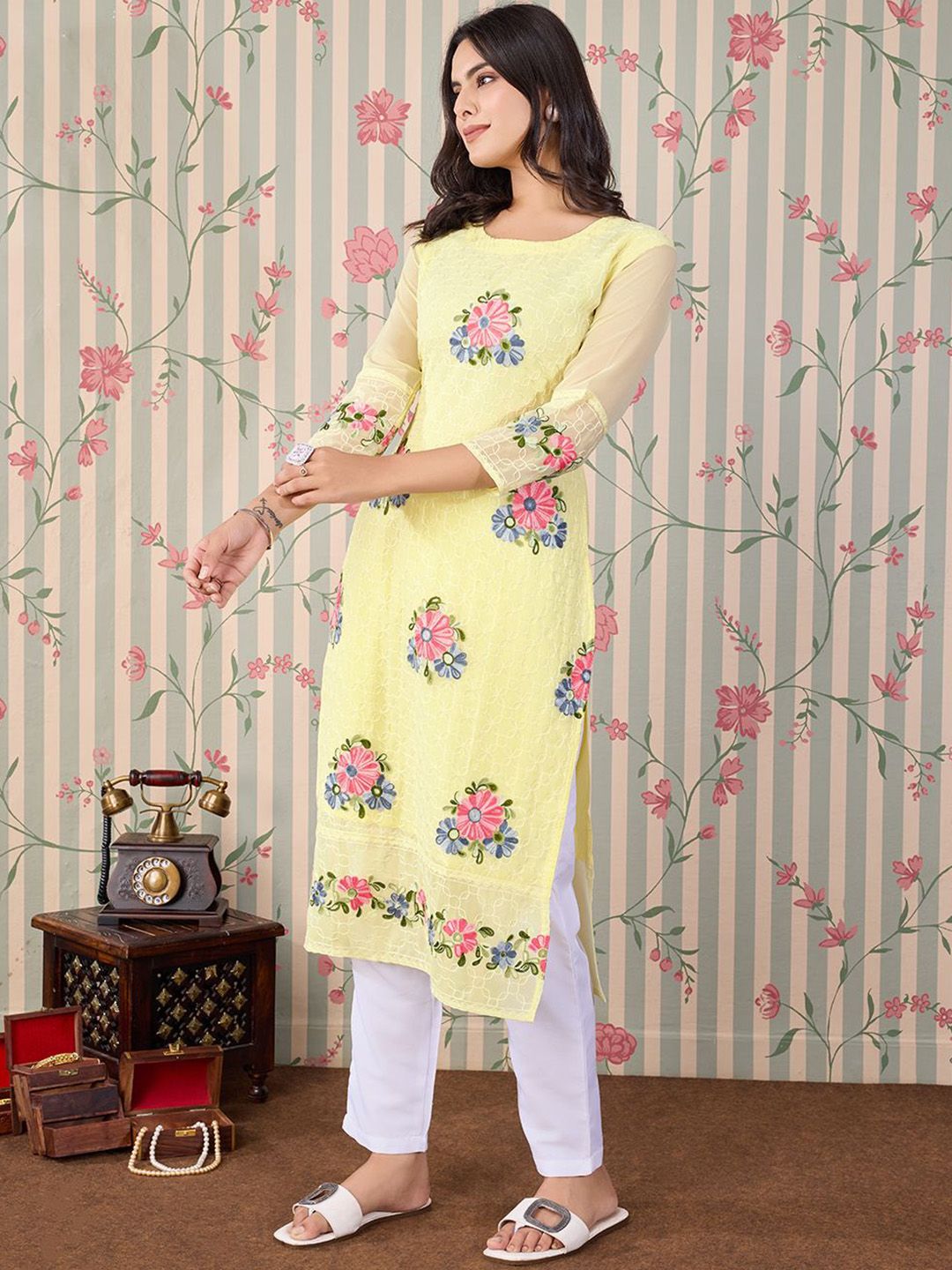 Ode by House of Pataudi Floral Embroidered Thread Work Floral Georgette Straight Kurta - Distacart