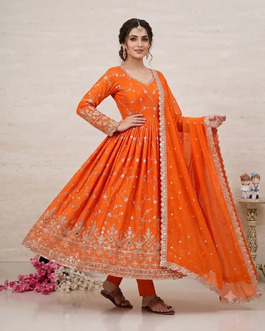 Teeya Creation Orange Zari Embroidered Georgette Anarkali Suit with Dupatta