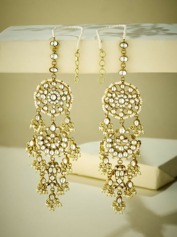 Nuyug 22 K Gold-Plated Elegant Kundan Studded & Pearl Beaded Crescent Shaped Kanauti Earrings