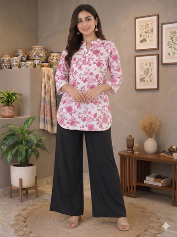 Teeya Creation Women White & Mauve Lotus Floral Printed Cotton Kurti with Black Palazzo Set - Dista