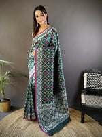 Thumbnail for Joban Fashion Dark Green Jacquard Woven Pattern Lichi Soft Silk Banarasi Saree - Dista