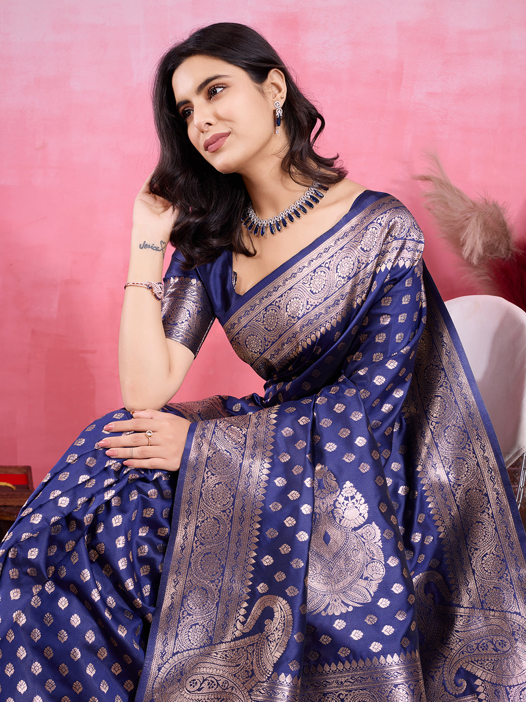 Vedant Vastram Banarasi Silk Fashion Saree - Navy - Distacart