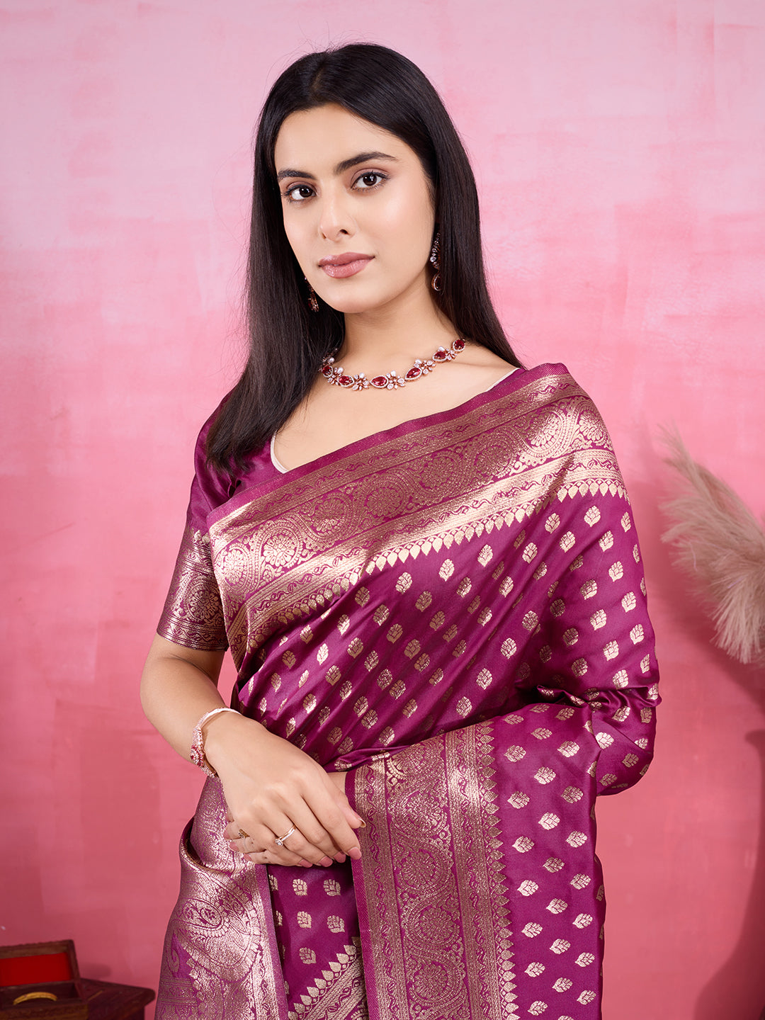 Vedant Vastram Banarasi Silk Fashion Saree - Wine - Distacart