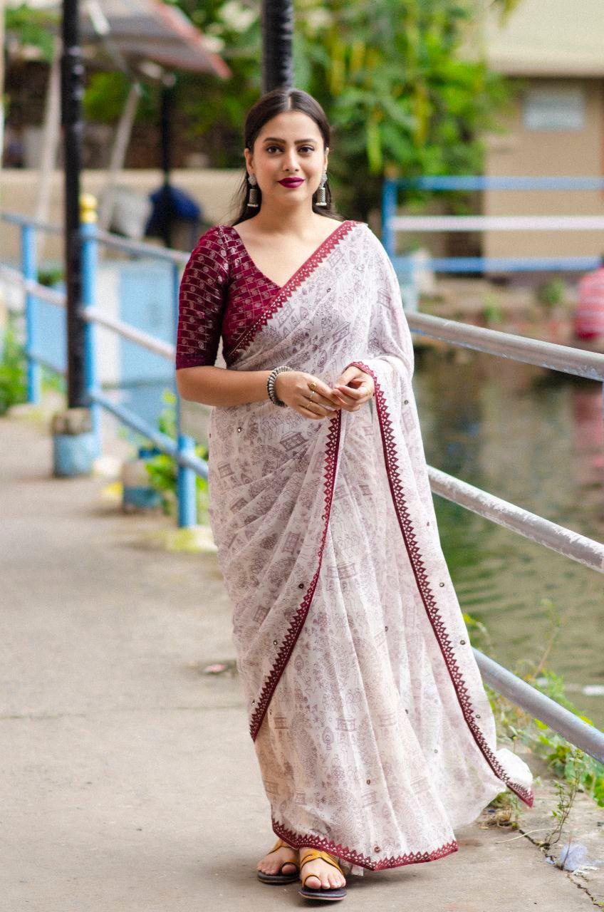 Maroon Pure Georgette Warli Saree with Unstitched Blouse - A2M - Distacart