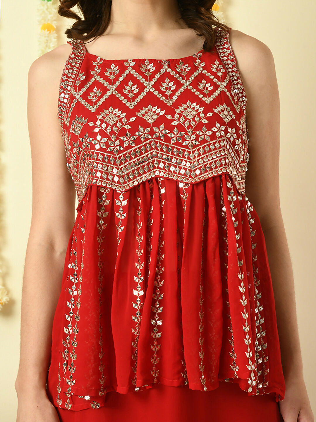 Myshka Women's Red Georgette Top With Skirt Party Sets - Distacart