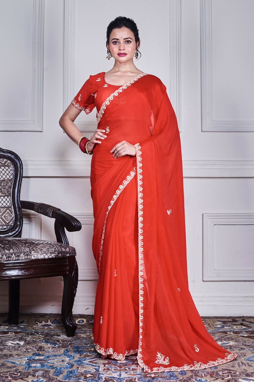 Morchari Red Chiffon Hand Embroidery Saree And Stitched Blouse - Distacart