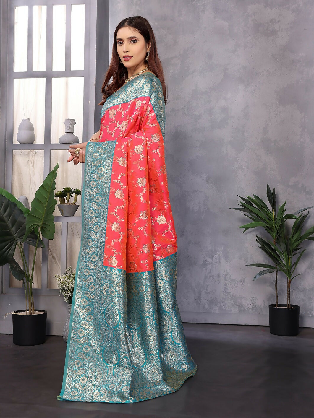 Joban Fashion Banarasi Peach Woven Soft Silk Saree