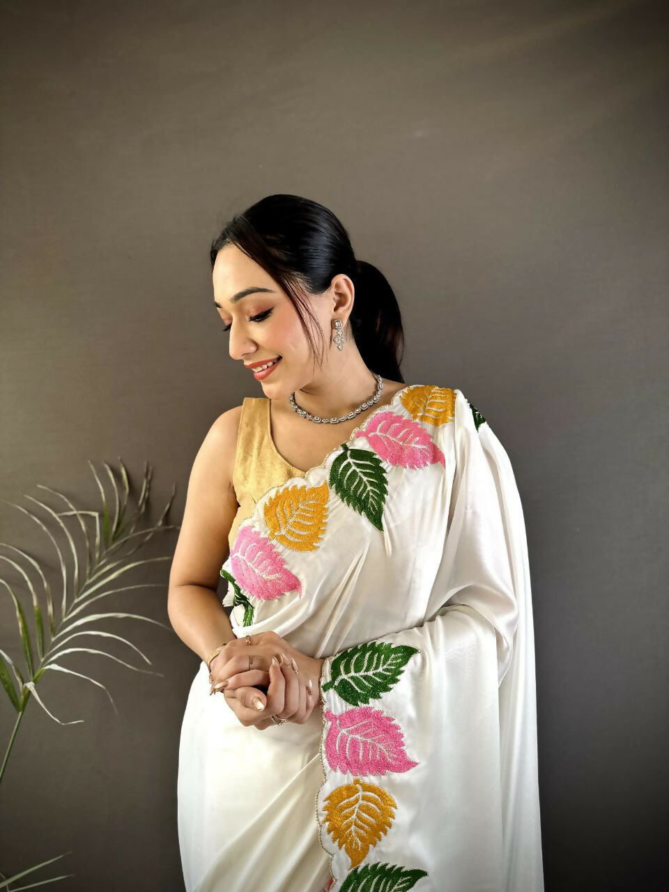 Prime Volt Multicolor Leaf Embroidery Rangoli Silk Saree with Scalloped Border-White - Dista