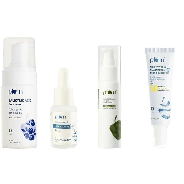 Plum Bright & Clear Skin Routine CSMS (Cleanser, Serum, Moisturizer, Sunscreen) Combo - Distacart
