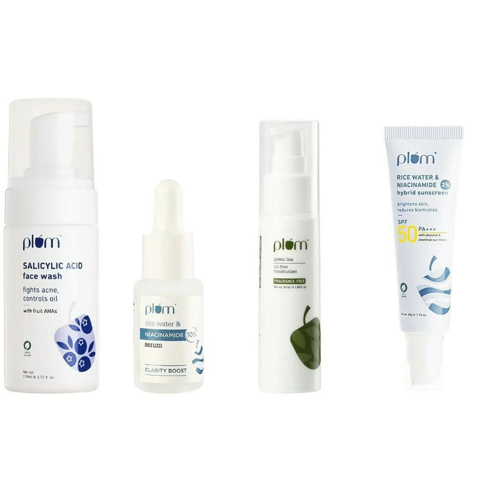 Plum Bright & Clear Skin Routine CSMS (Cleanser, Serum, Moisturizer, Sunscreen) Combo - Distacart