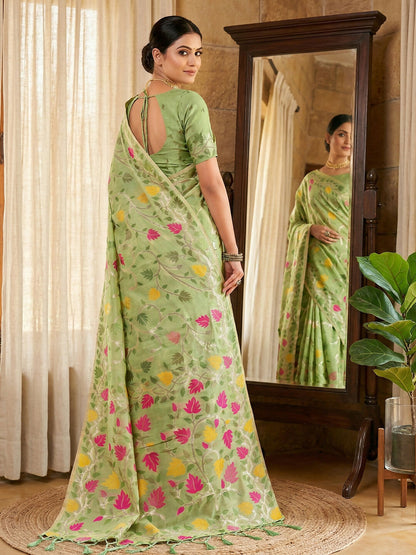 Shree Shyam Fashion Green Linen Cotton Saree - Distacart