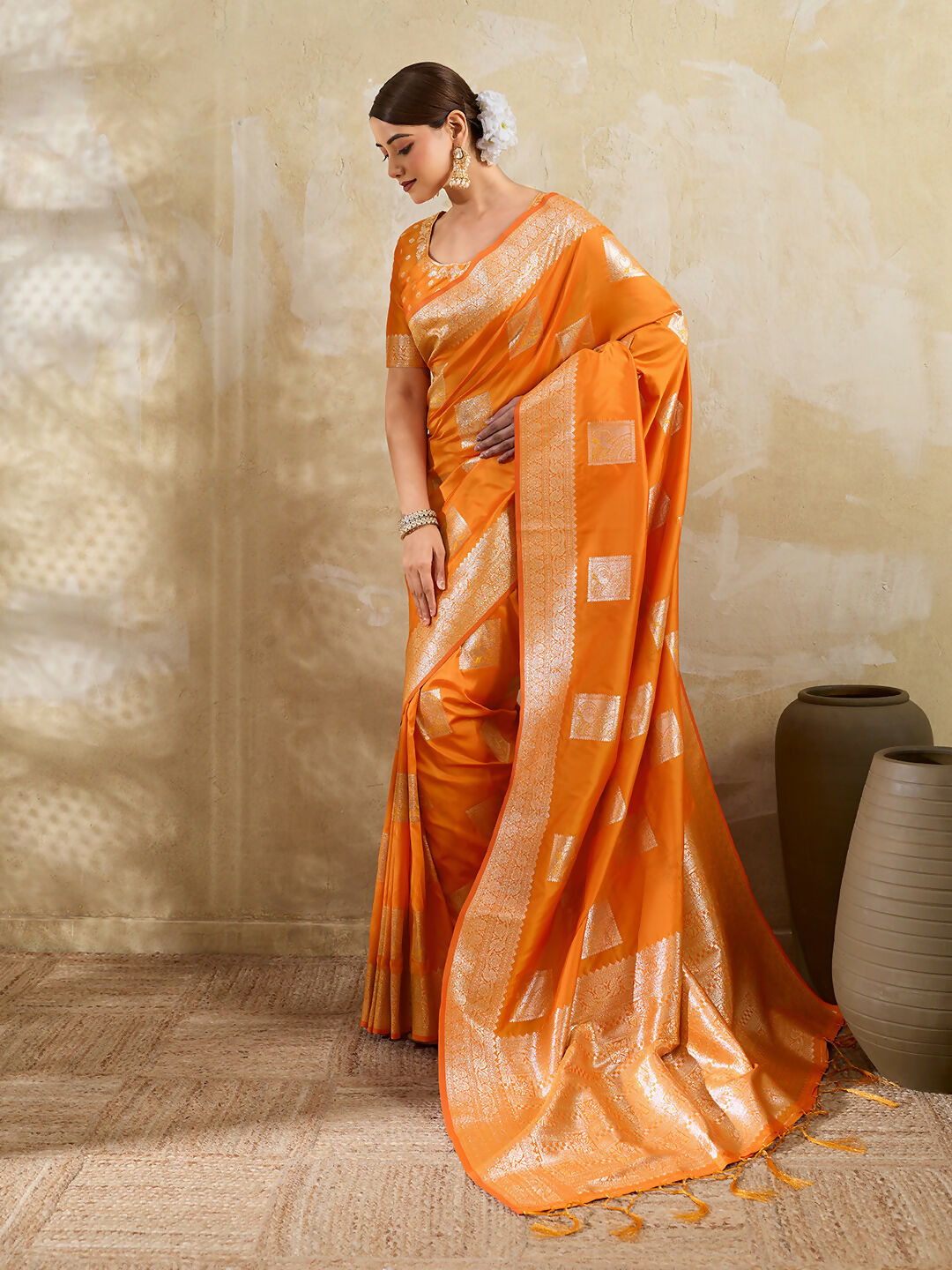 Shree Shyam Fashion Orange Silk Blend Saree - Distacart