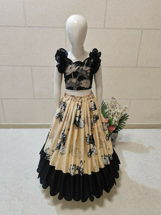 Jyoti Fashion Classy Cream Chinon Silk Digital Print with Border Work Kids Lehenga Choli Set - Distacart